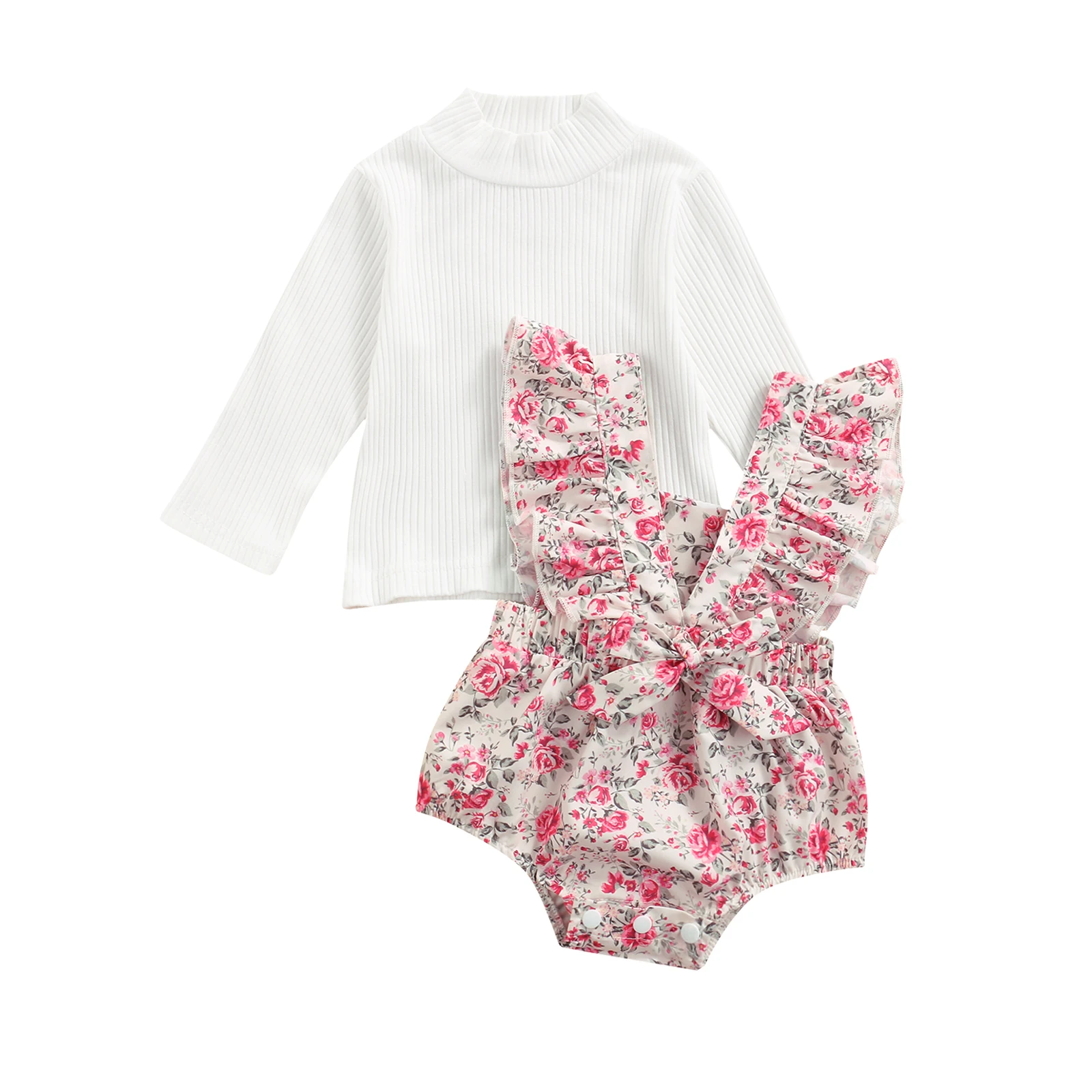 

Baby Girl’s Two Piece Suit Sweet Solid Color Long Sleeve Tops and Ruffle Flower Suspender Shorts For Toddler Newborn Baby Girls