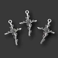 10pcs silver color christian petal cross pendants retro bracelet metal accessories diy charms for jewelry carfts making 3524mm