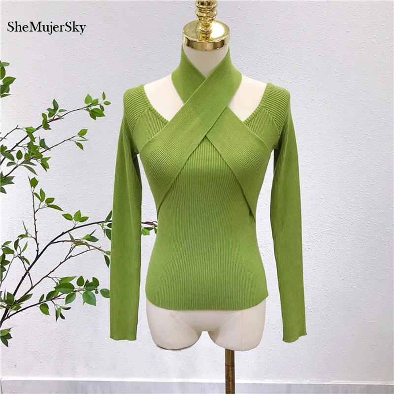 

SheMujerSky Women Cross Halter Tops 2021 Spring Autumn Knitted Elastic Slim Solid Color Blouses Cold Shoulder Shirts