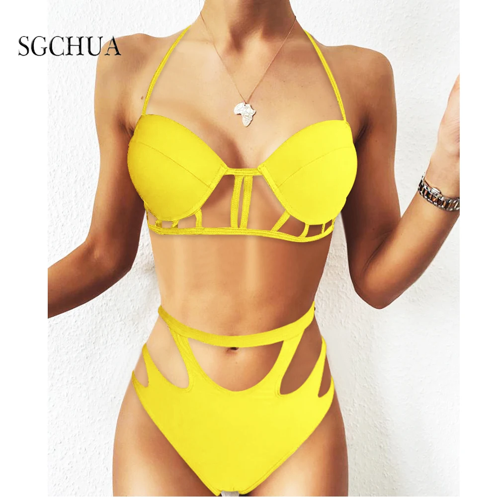 

Sexy Solid Purple Yellow Bikini 2020 New Bandage Bikini Set High Waist Swimwear Women Tie The Neck Swimsuit Bathing Suit Push Up