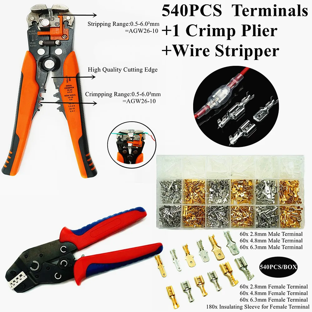 

2.8 4.8 6.3MM 540Pcs/Box Male and Female Spade Crimp Terminals Kit Crimping Pliers Set Crimping Tool 0.5-2.5mm2 AWG20-13