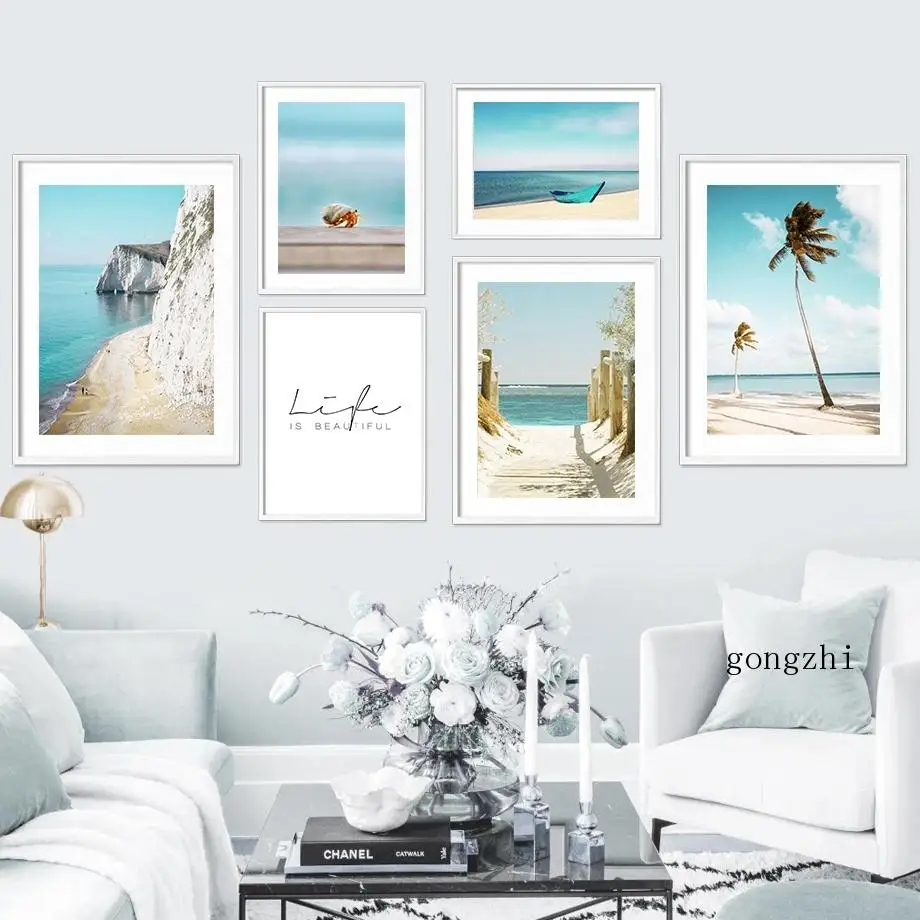 

Palm Tree Beach Conch Hermit Crab Nordic Posters Coastal Scenery Canvas Painting and Prints Wall Art Pictures Living Room Decor