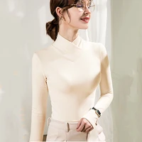 new women autumn winter base shirt 2021 technical fabric elegant fashion v neck double faced fleece thick elastic basic t shirt