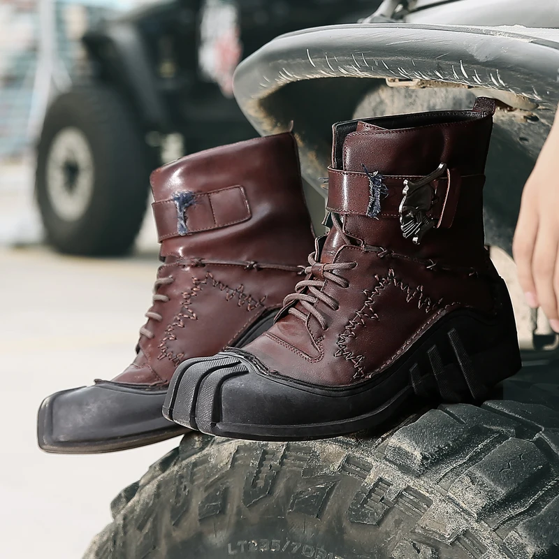 Punk boots Men's Vintage &amp Unique Look Genuine Leather Ankle Motorcycle Military Combat Boots with Skull | Обувь