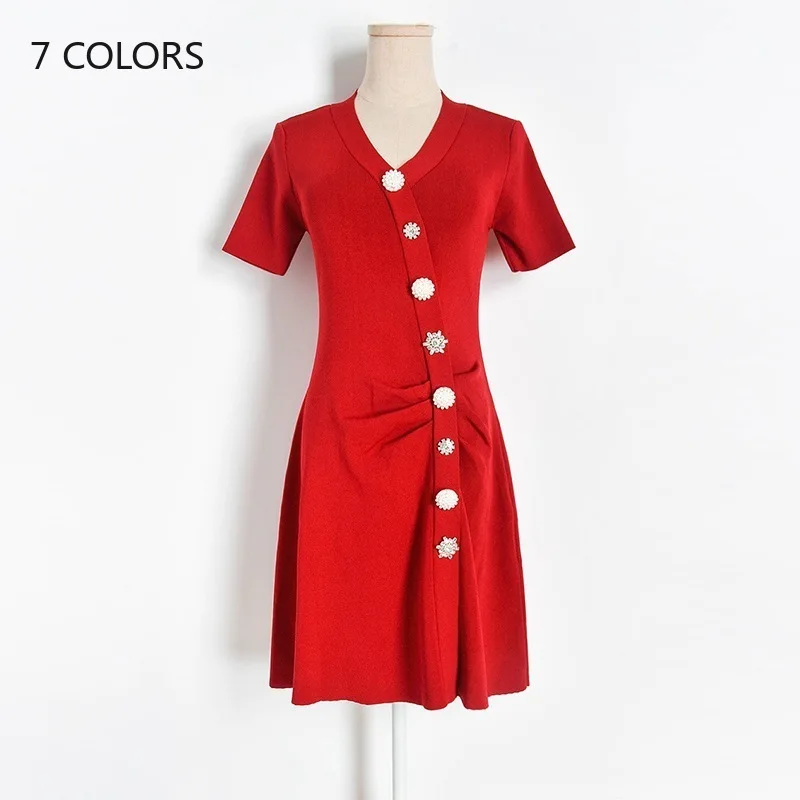 Вязаное черное летнее платье новинка 2020 V-образный вырез короткий рукав свитер