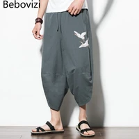 summer chinese style crane embroidery cotton loose casual harem pants for men gray red black thai japan kimono bloomers kung fu