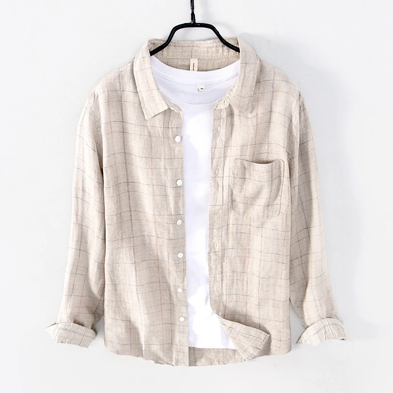 

100% Linen new design long sleeve brand casual shirts men fashion comfortable plaid shirt for men tops chemise camisa