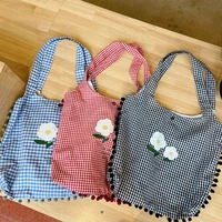 womens tote bag cotton shoulder bag 2021 girl shopper fashion casual sweet furball flower print large capacity lattice handbag