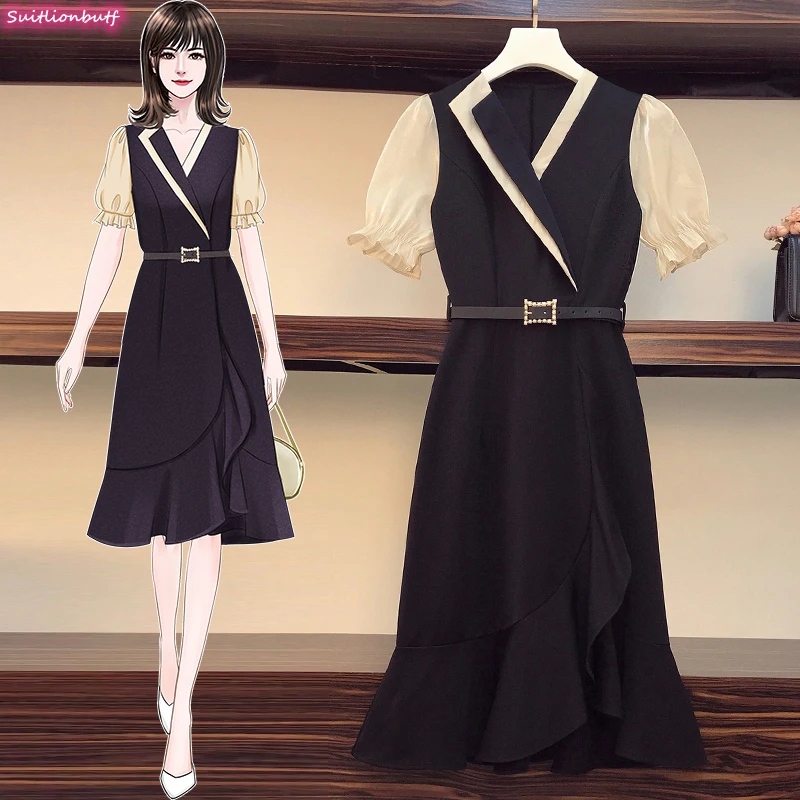 

4Xl Contrast Patchwork Pulse Size Dress Korean Ruffle Short Sleeve Oversized Dresses 2021 Summer Belt Thin Waist Women Clothes