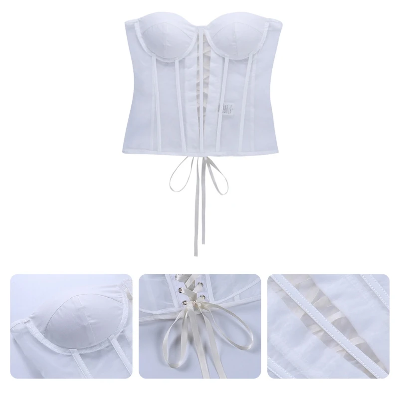 

Women Sexy Sheer Mesh Patchwork Bustier Corset Vintage Strapless Lace-Up Back Overbust Waist Cincher Body Shaper Top