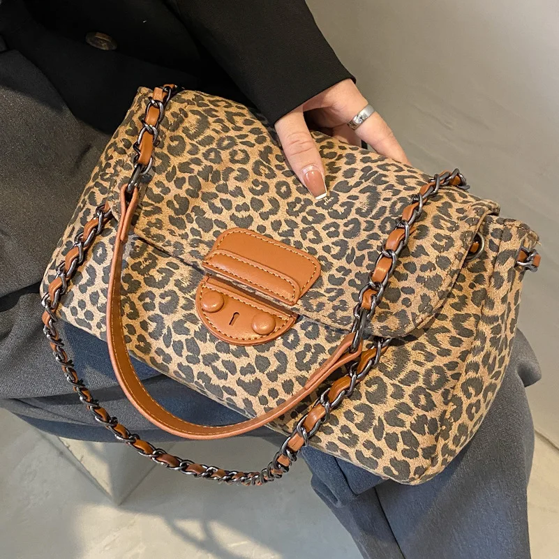

Leopard Canvas Crossbody Bags for Women 2021 Winter Fashion Chain Small Square Bag Travel Chic Shoulder Bag Handbags and Purses
