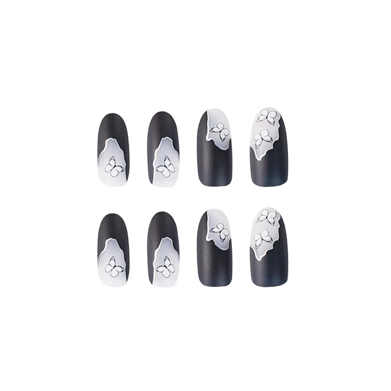 

Finished Fake Nail Patch 18 Baroque Butterfly Dark Black European and American Pointed Black Silver Wear Disassembled Nail Art