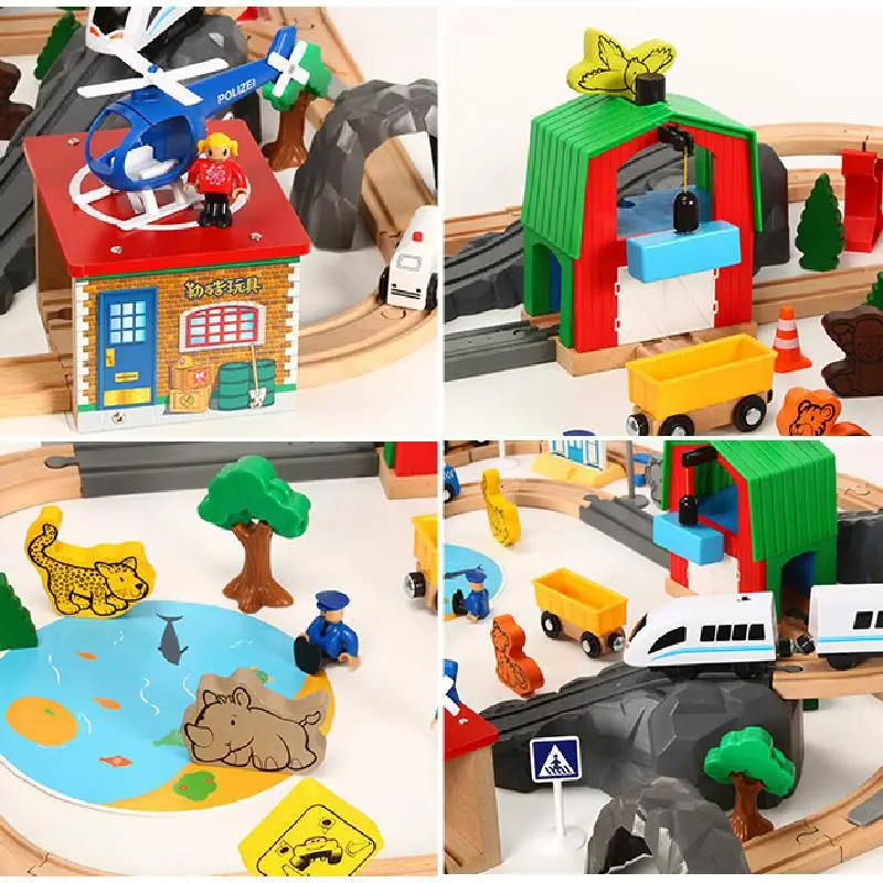 79PCS Wooden Railway Train Track Suit Montessori Fishing Scene Slot Car Parking Airport Garage Circuit Voiture Toys for Children | Игрушки и