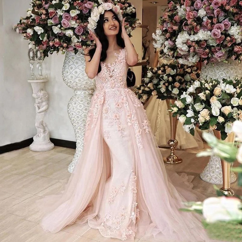 

Arabic Jewel Neck Lace Appliqiued Mermaid Evening Dresses with Detachable Train Tulle Corset Back Formal Prom Party Gowns