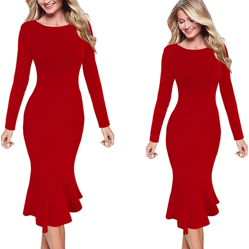Vfemage женские элегантные винтажные Pinup одежда для работы, офиса, бизнеса, повседневные Коктейльные Вечерние облегающие платья-карандаш, платье русалки 1053 - Цвет: Red