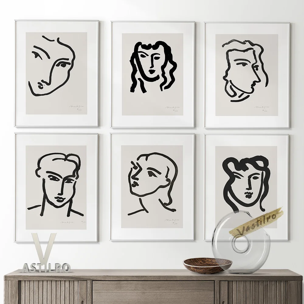 

Henri Matisse Style Abstract Human Face Line Drawing Art Prints Poster Mid Century Modern Minimalist Gallery Fashion Home Decor