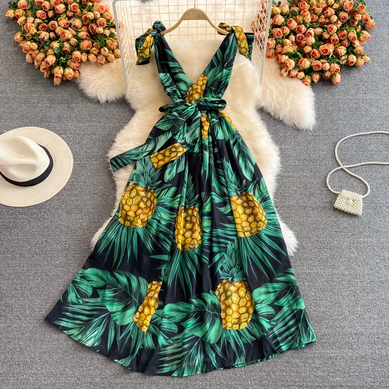 

Женское плиссированное платье без рукавов, праздничное пляжное платье знаменитости с широкой юбкой, V-образным вырезом, высокой талией и пр...