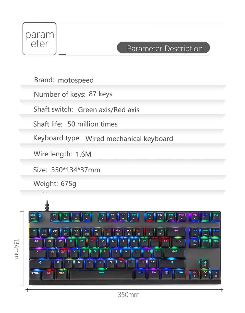 Клавиатура MOTOSPEED CK82 игровая Механическая Проводная с RGB-подсветкой 87 клавиш |