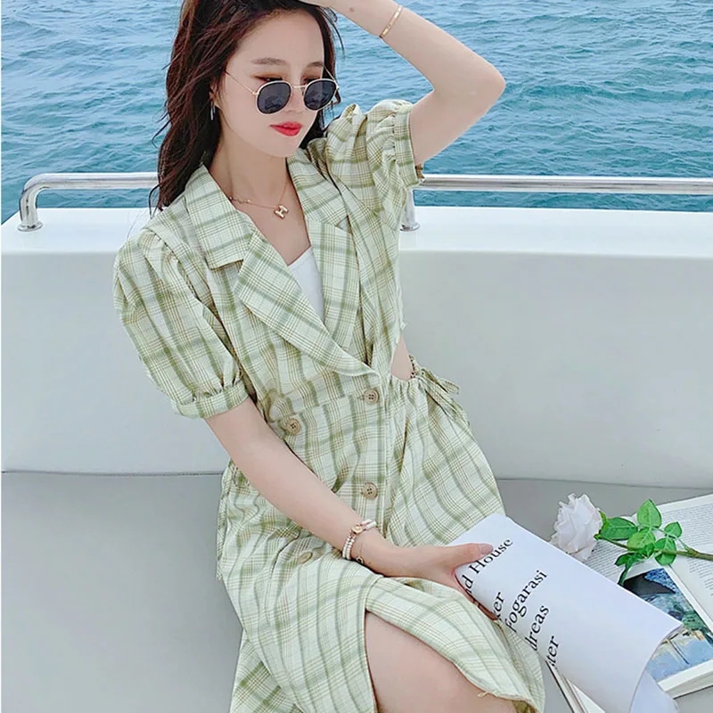 

Women's 2021 Summer New Style Casual Fashion Korean Style Sweet Temperament Sexy Low Waist Plaid Suit Dress