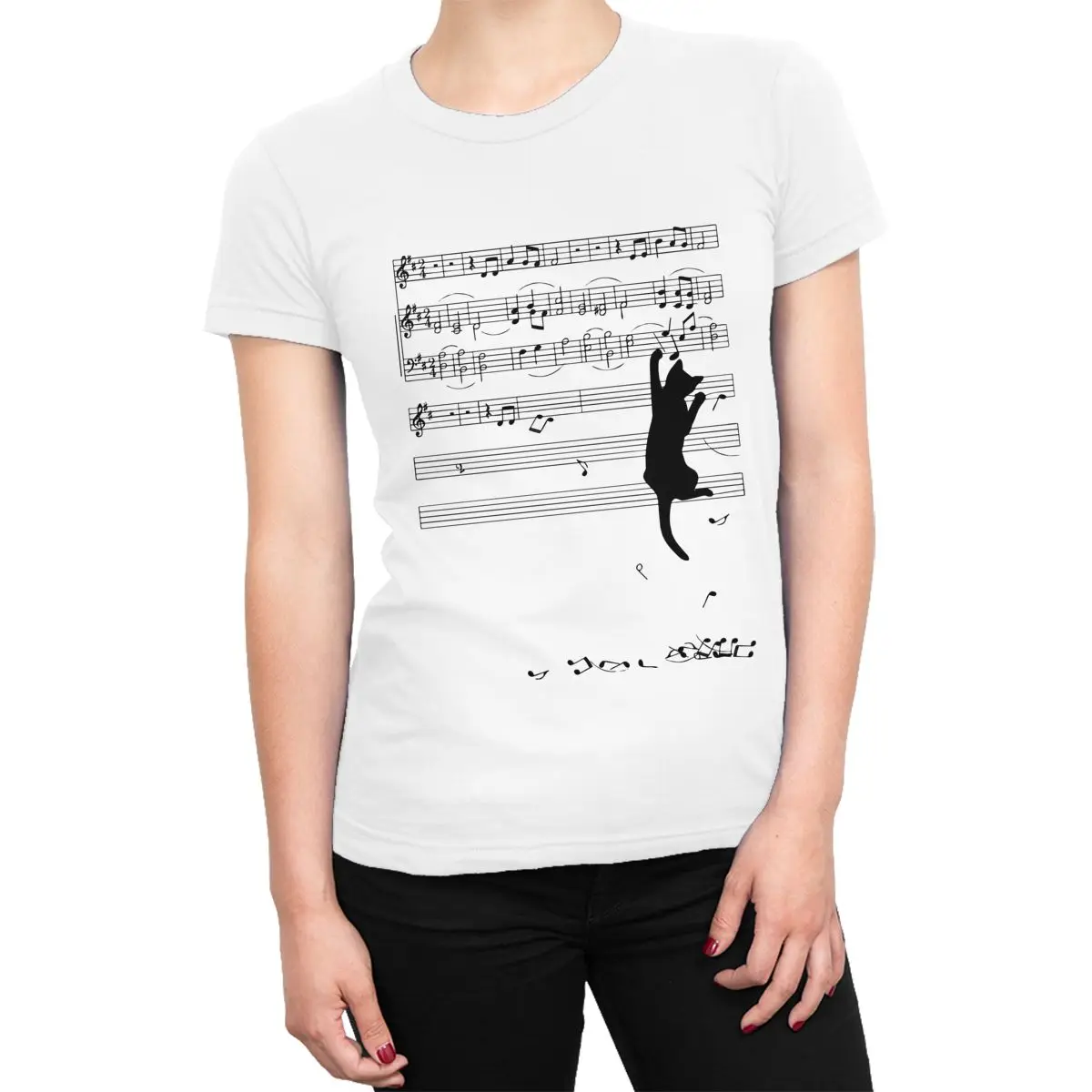 

Women Mischief T Shirt Cat Music Sheet Punk Funny Cotton Tops Leisure Female Short Sleeve O Neck Tees Printed T-Shirts