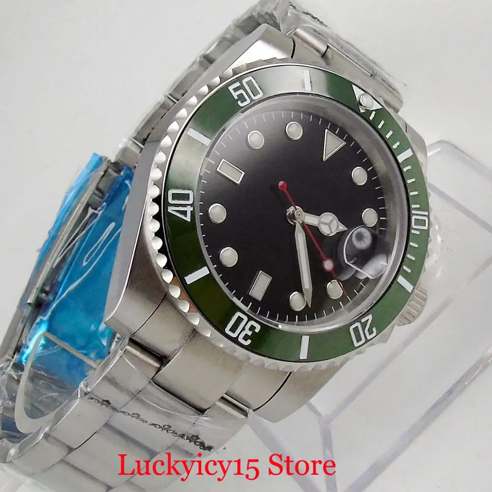 24 Jewels Mechanical NH35 Men Wristwatch Sapphire Crystal Green Bezel Insert Mental Bracelet