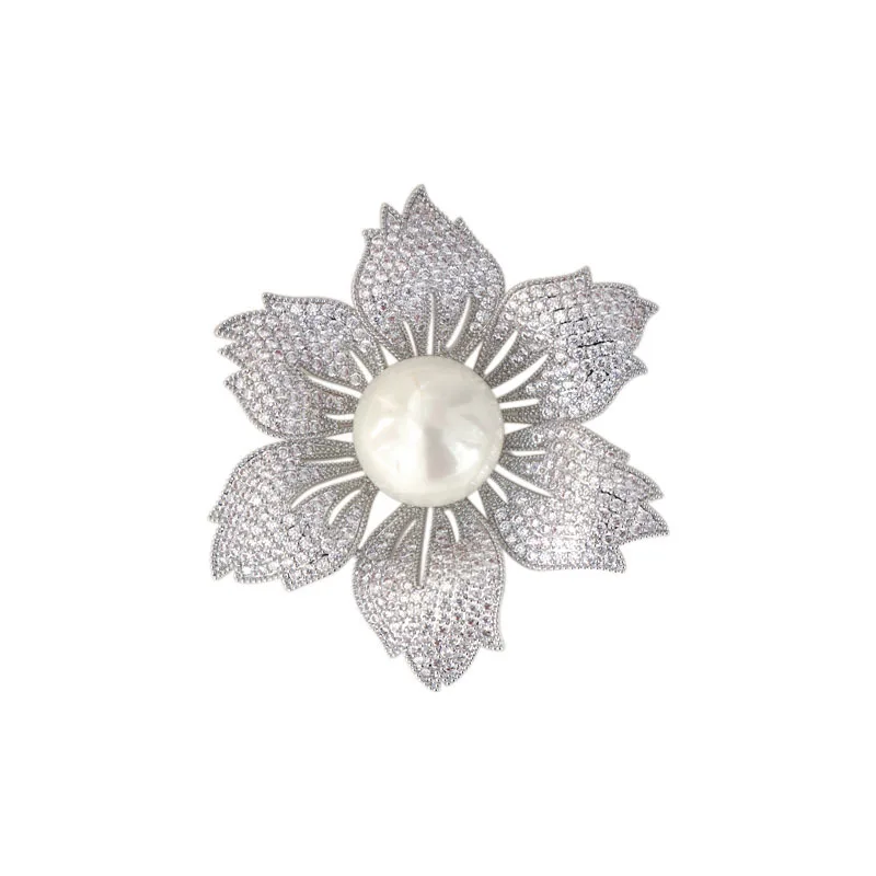 

Luxury Wedding Party Flower Corsage Jewelry Gold-Plated Suit Bouttoniere Micro Pave Cubic Zirconia Pearl Plant Brooches Pins