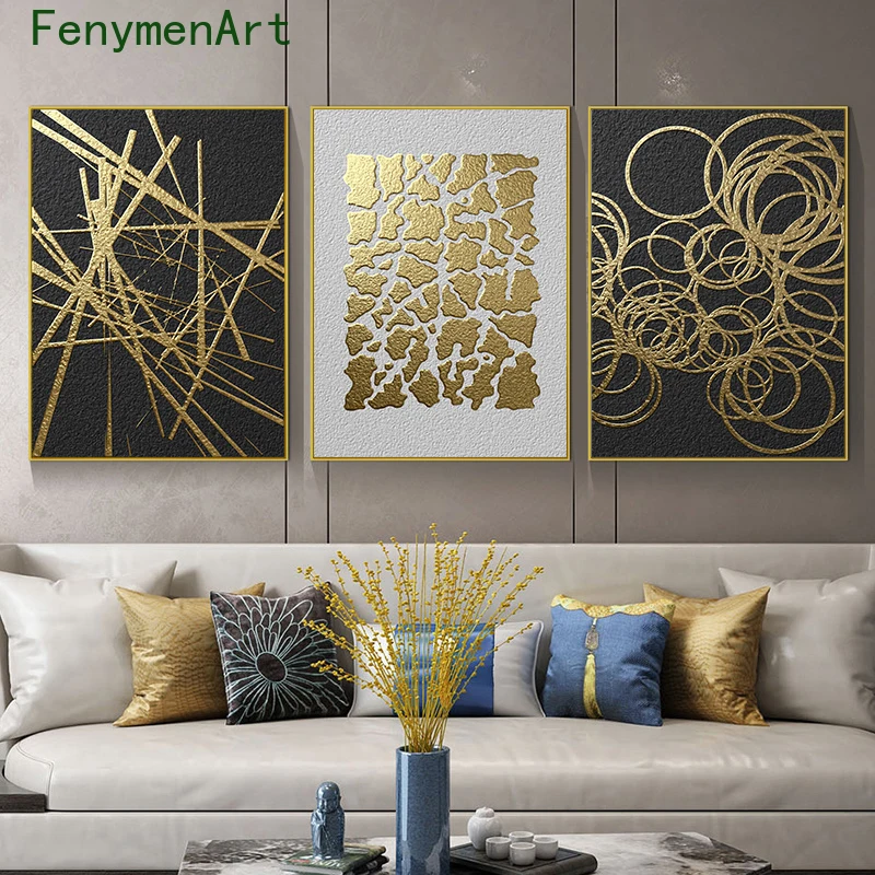 

Gold Leaf Geometric Pattern Canvas Painting Black Gold Wall Art Minimalist Poster Abstract Picture for Living Room Home Decor