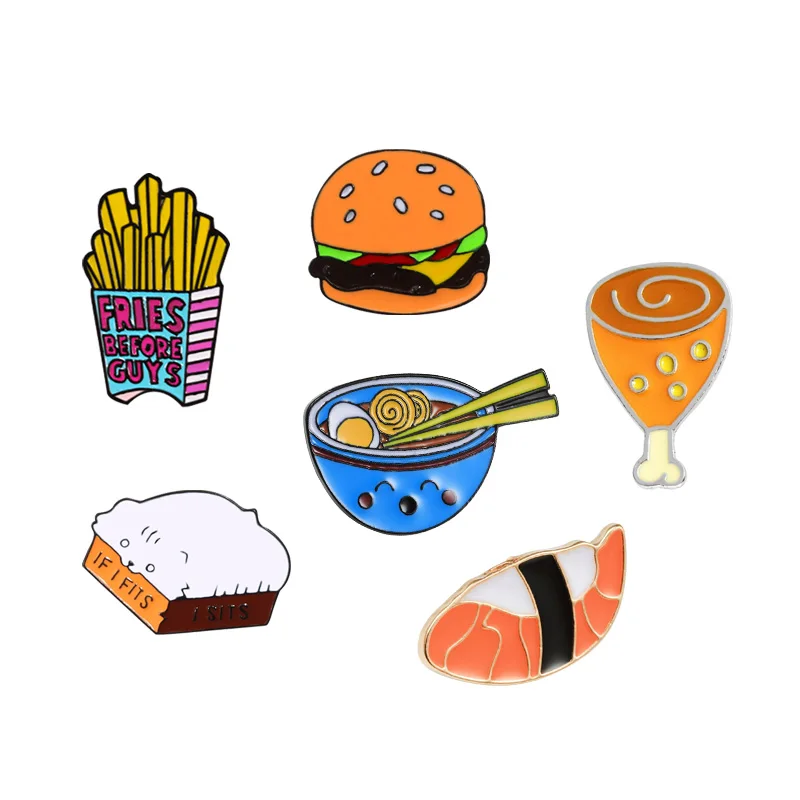 Cartoon Burger Bread French fries Enamel Pins Ramen Sushi Brooches Cute Food Badge Denim Jackets Collar Lapel Pins Jewelry Gifts