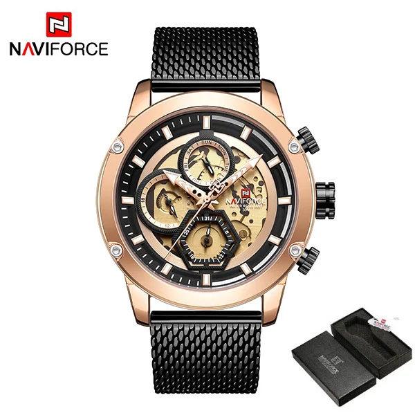 RoseGoldBlackWithBox NAVIFORCE Лидирующий бренд мужские s часы Роскошные бизнес часы хронограф кварцевые мужские армейские наручные часы Мужские часы Relogio Masculino - Цвет: RoseGoldBlackWithBox