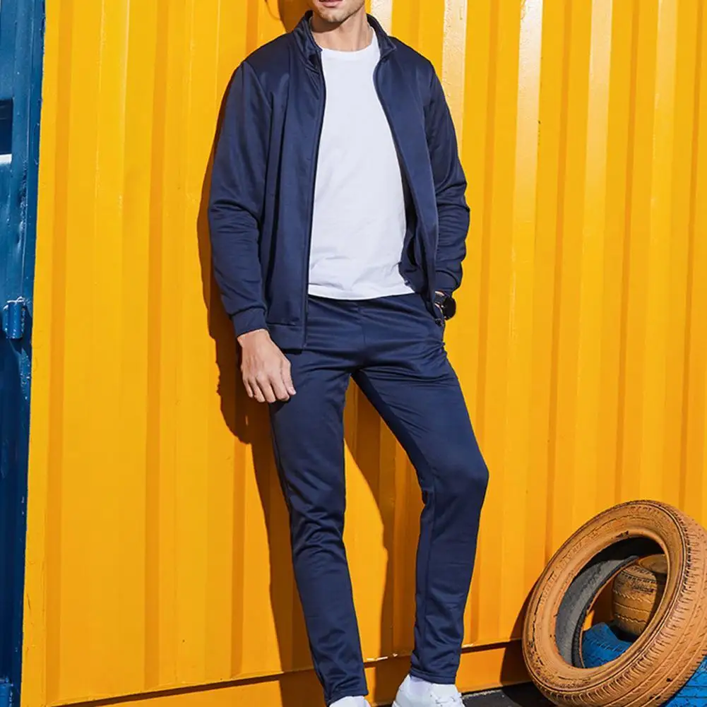 

Осенний мужской спортивный костюм, однотонные брюки с воротником-стойкой и длинными штанами, костюм для спорта, бега и пробежек, 2 шт./компл.