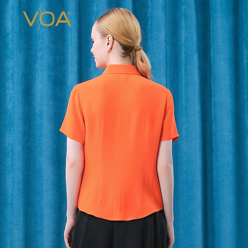 Kaufen VOA 30 Mt/mt Silk Shirts Helle Orange Revers Kurzarm Tops BT69 Einreiher Gerade Neck Knackig Alte Klassische Hemd Für Frauen