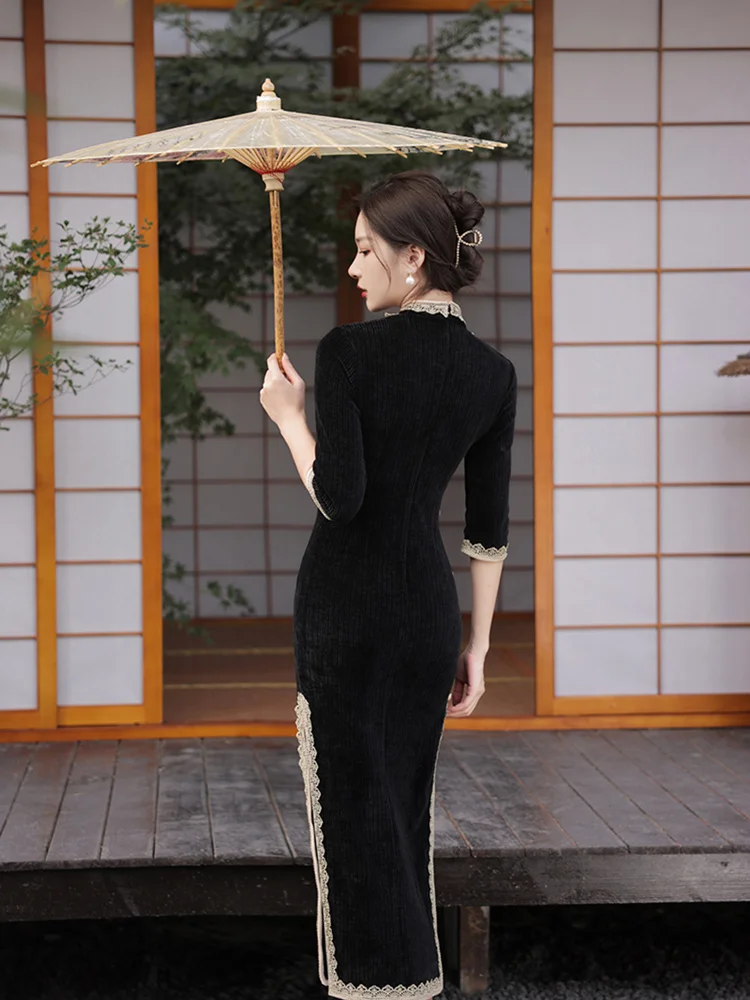 Женское черное платье в винтажном стиле традиционное китайское Ципао с коротким