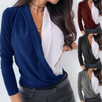 women autumn winter sexy deep v neck color block long sleeve blouse shirt top
