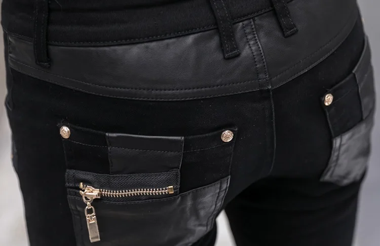 Брюки мужские из искусственной кожи модные джинсы облегающие брюки повседневные