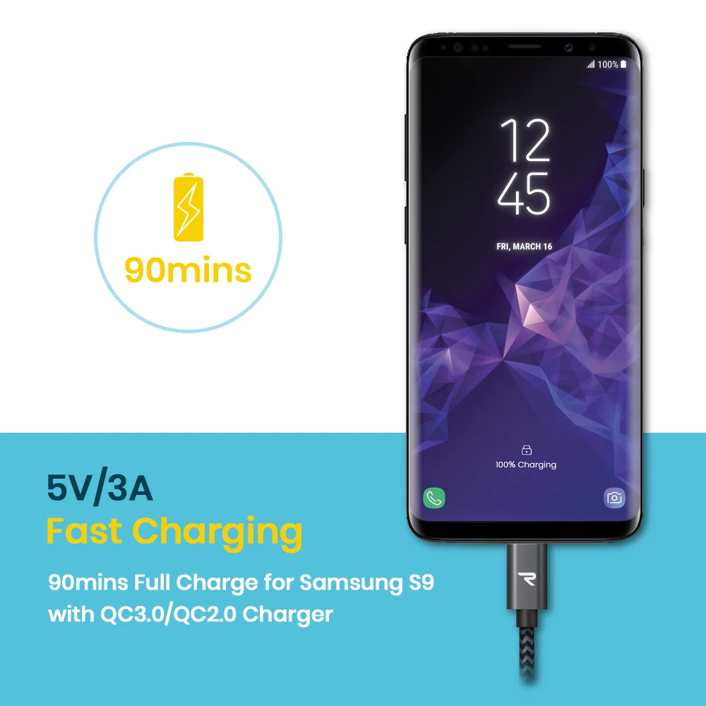 RAMPOW usb type C кабель для samsung Galaxy S9/S8 QC3.0 Быстрая зарядка USB 5 Гбит/с быстрая