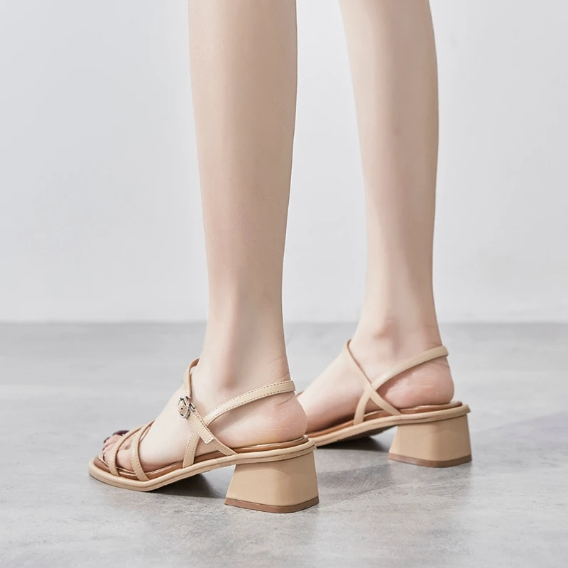 

Autuspin Korean Fashion Genuine Leather Women Sandals Summer Buckle Thick High Heels for Female Party Wedding Basic Shoes Woman