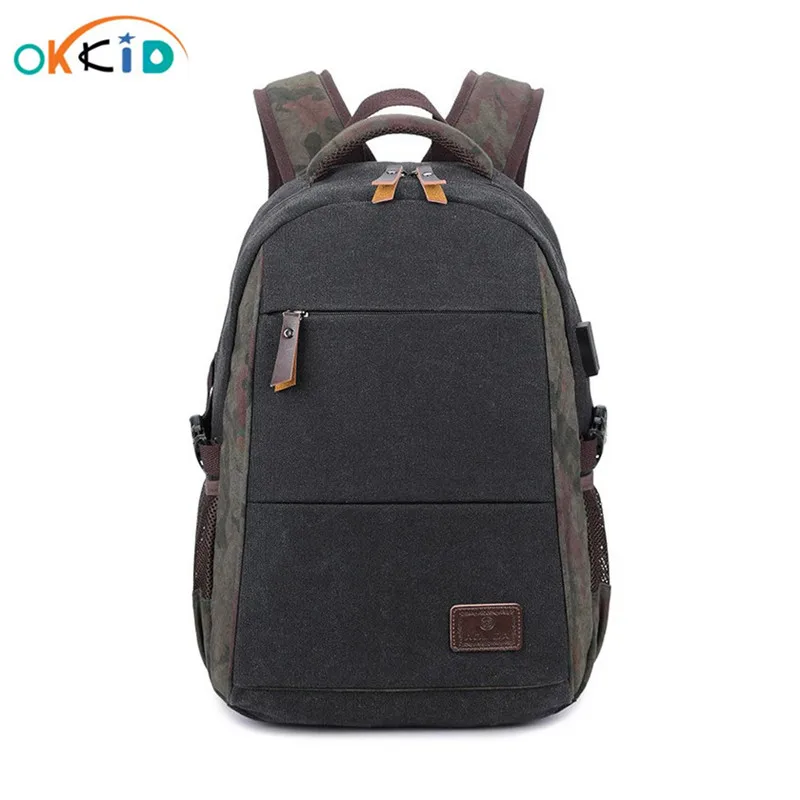 Мужской холщовый рюкзак OKKID для школы, Студенческая сумка для книг, школьные сумки для мальчиков, рюкзак для ноутбука с usb зарядкой, 15,6 Прямая поставка