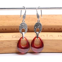 zhjiashun natural chalcedony garnet drop earrings for women round 100 925 sterling silver ruby gemstone earrings retro jewelry