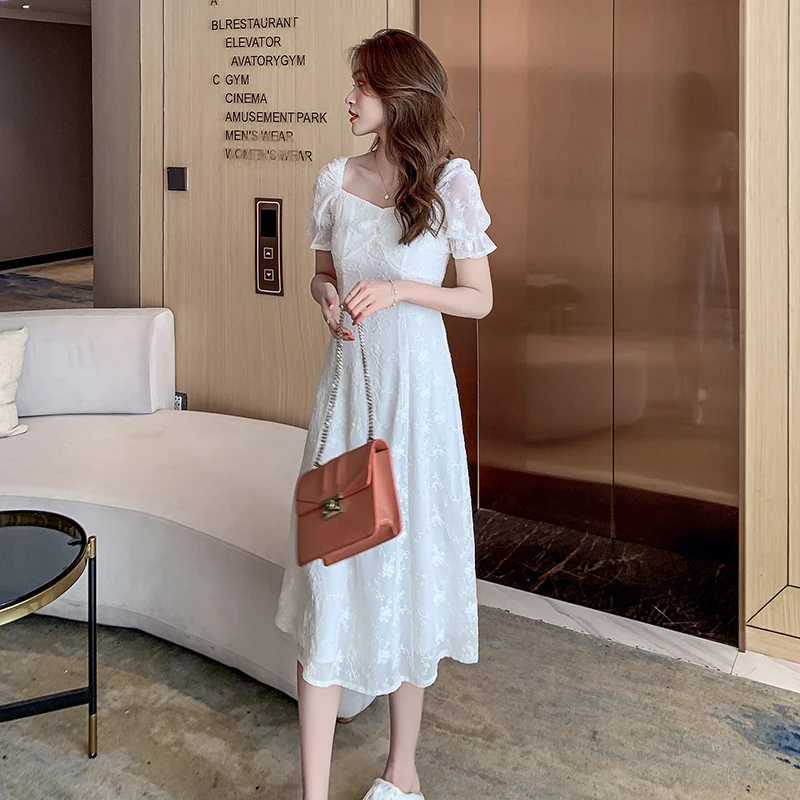 

Женское платье в стиле Хепберн, элегантное платье средней длины во французском винтажном стиле с пышными рукавами и V-образным вырезом в Кор...