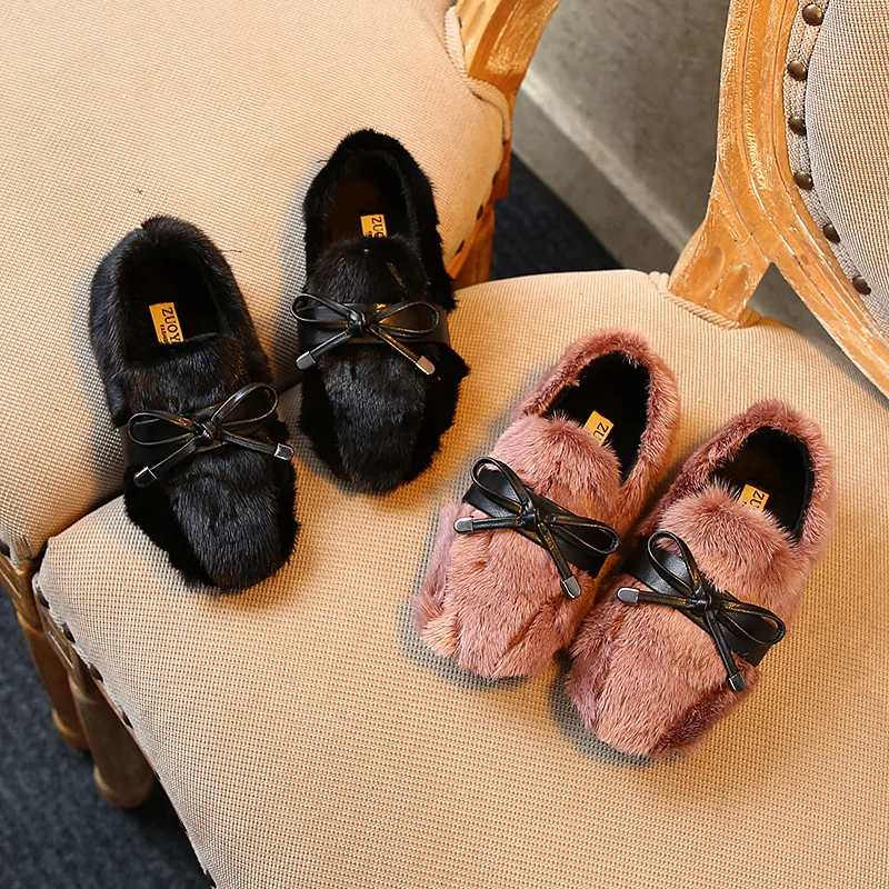 New Winter Kids Bow Princess Shoes Baby Girls Black Sweet Children Fur Brand Fashion Slip On Loafer Warm Moccasin |
