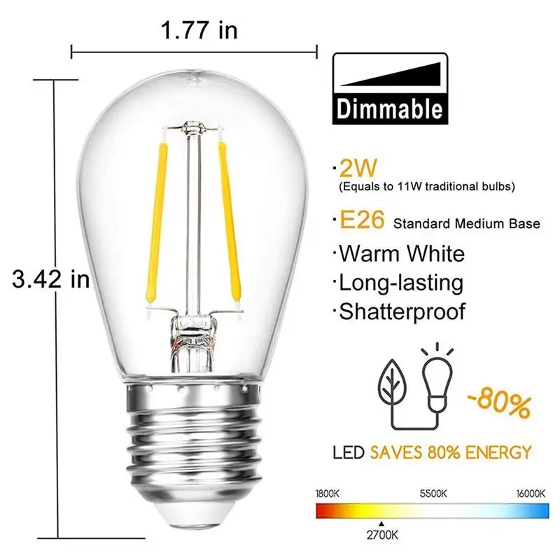 

15 Pack LED S14 Replacement Light Bulbs E26 2W Edison Bulbs for Outdoor String Lights