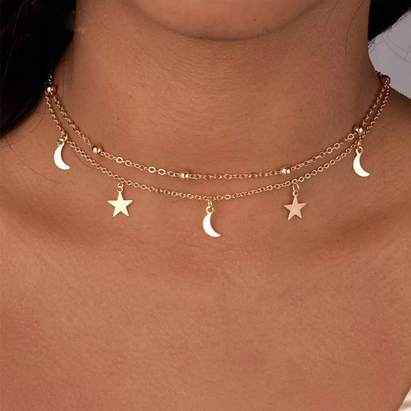 

Fashion Multilayer Stainless Steel Endant Women Gold Silver Color Beads Moon Star Horn Crescent Double Chain Choker Necklaces