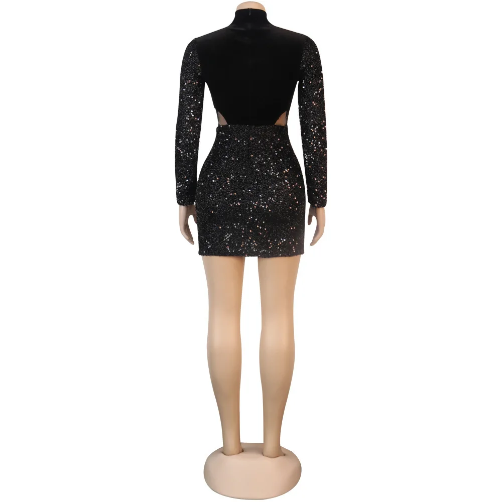 

Sequined Velour Skinny Robe Femme Long Sleeve Hollow Out Spliced Short Skirt Slim Fit Round Turtleneck Elegant Fashion Dresses