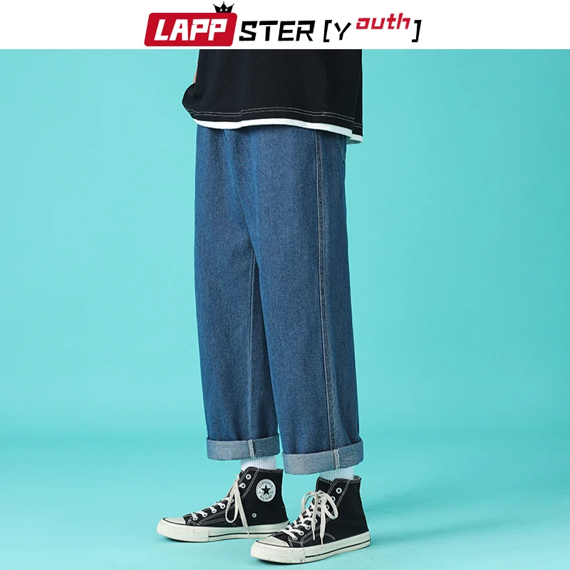 

LAPPSTER-Youth Men Solid Vintage Cuffs Cargo Jeans 2022 Spring Mens Wide Legs Harajuku Blue Denim Pants Male Baggy Joggers 5XL