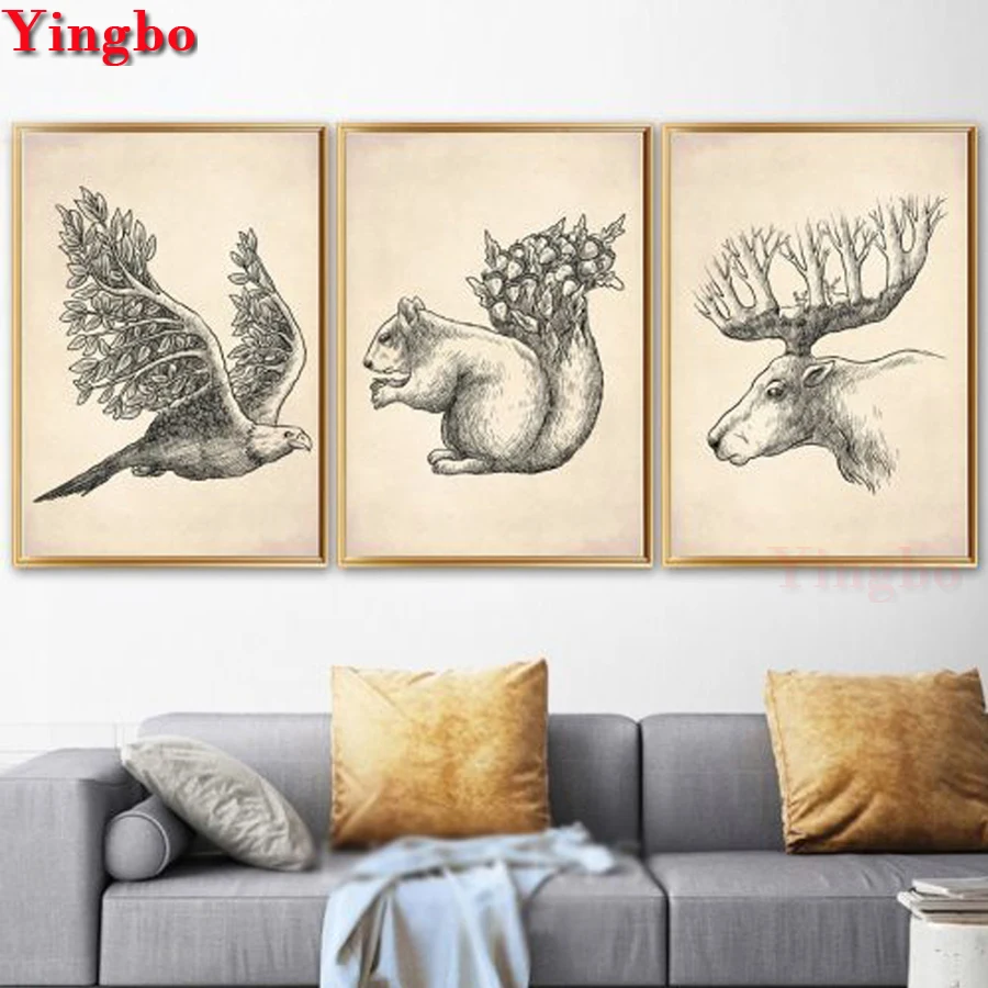 Трехчастное полное квадратное алмазное живопись Орел/белка/олень вышивка круглый сверловки мозаика искусства северного декора.