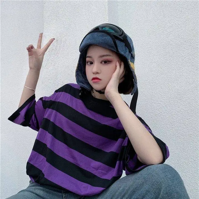 

Fashion Hip Hop Women T-Shirt Loose Summer Oversize Striped O-Neck Female Tops Tees Purple Funny Japan T Shirt