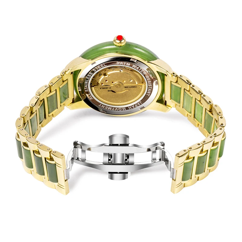 للبيع ساعة يد نسائية من اليشم الطبيعي مقاومة للماء ، ساعة ميكانيكية ، منظور اليشب ، علبة مجوفة ، راحة عالية يدويًا داخل Reloj Mujer