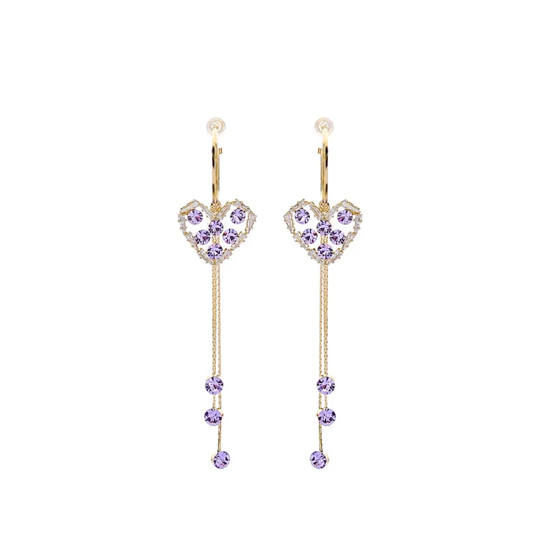 

Sparkly Pink Purple CZ Zircon Heart Earrings for Women Girl Gold Color Alloy Hollow Out Long Tassel Earrings Party Jewelry Gifts