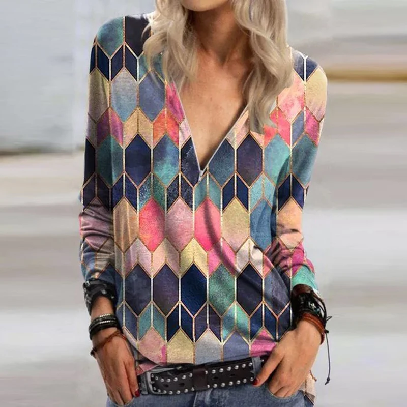 

Women Vintage Geometric Print T Shirt Spring Autumn Casual Long Sleeve Pullover Tops 3XL Elegant Zip V Neck Loose Blusa