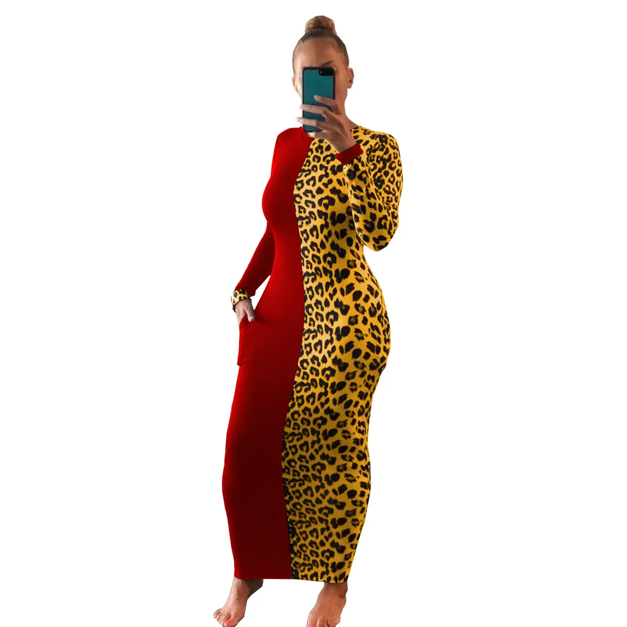 

European and American women's dress stitching leopard print hit color sexy skinny autumn and winter